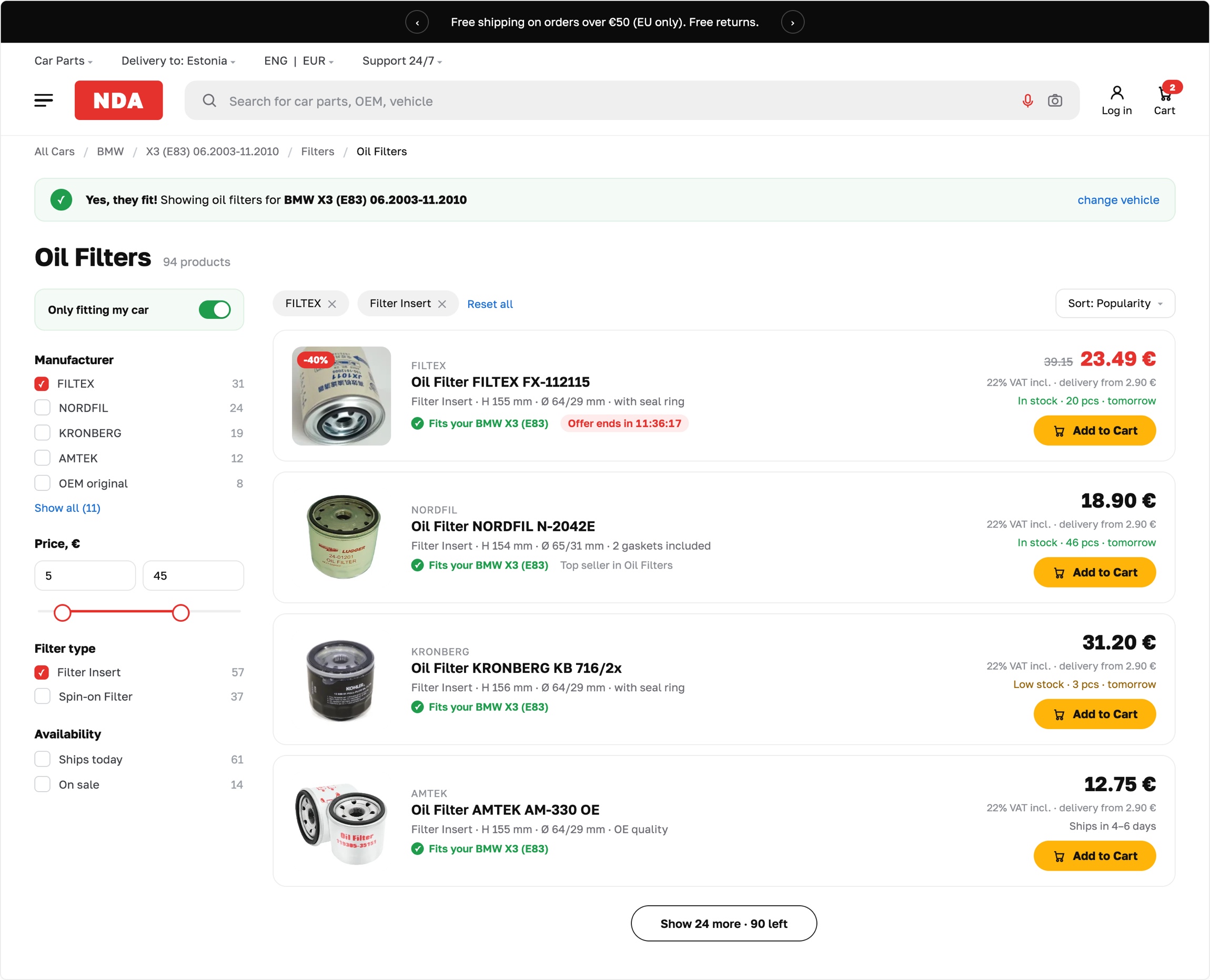 Desktop product listing for oil filters with a 'Yes, they fit!' vehicle confirmation, faceted filters for manufacturer, price and type, and product cards showing stock, delivery and fitment on each