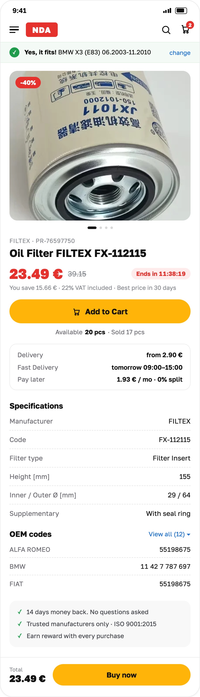 Mobile product page for an oil filter: fitment confirmation, discounted price with savings, delivery and pay-later options, specifications and OEM cross-reference codes, and a sticky buy bar