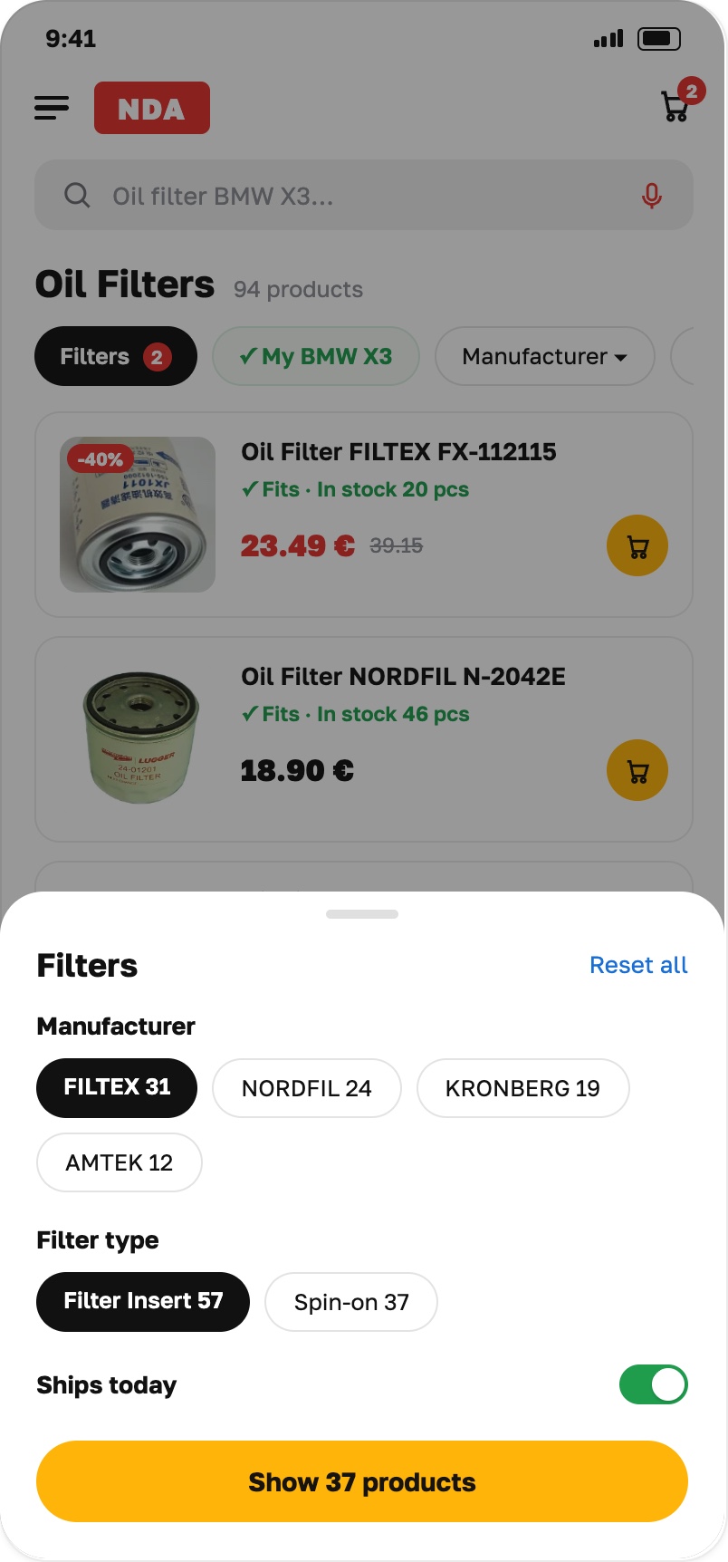 Mobile product listing with a filter bottom-sheet open: manufacturer and type chips, a 'ships today' toggle, and a button showing the live product count