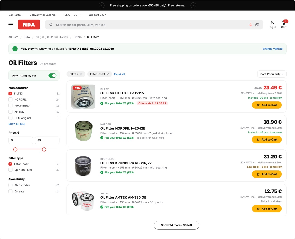 Car-parts shop product listing with vehicle-fitment confirmation and faceted filters