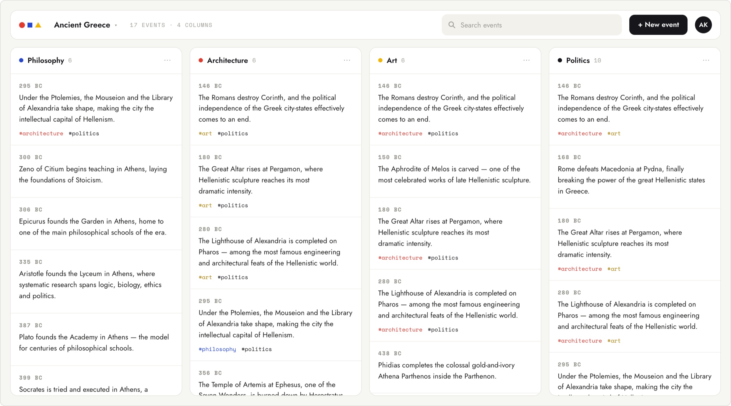 Chronos calm reading view: the same four-column timeline as light cards with tags and event counts