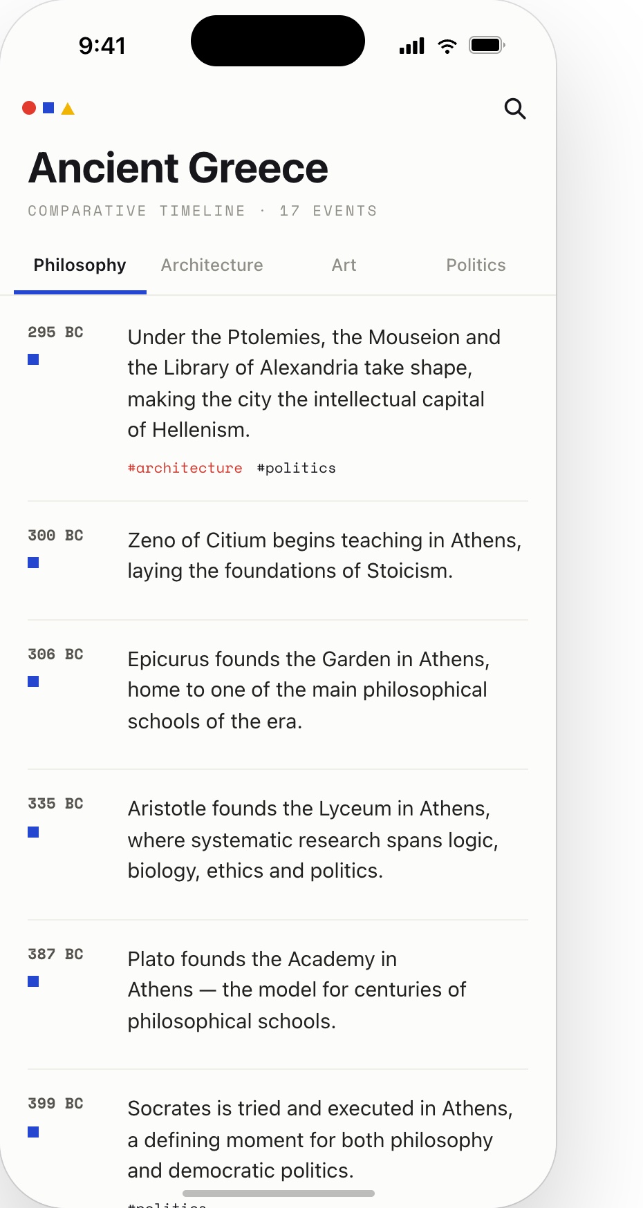 Chronos iOS app: large-title timeline list filtered to the Philosophy lens