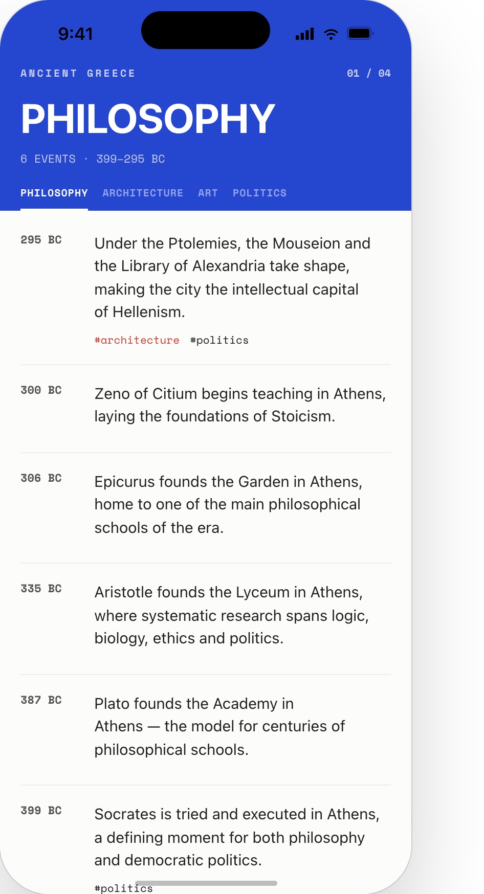 Chronos iOS app: poster-style timeline screen