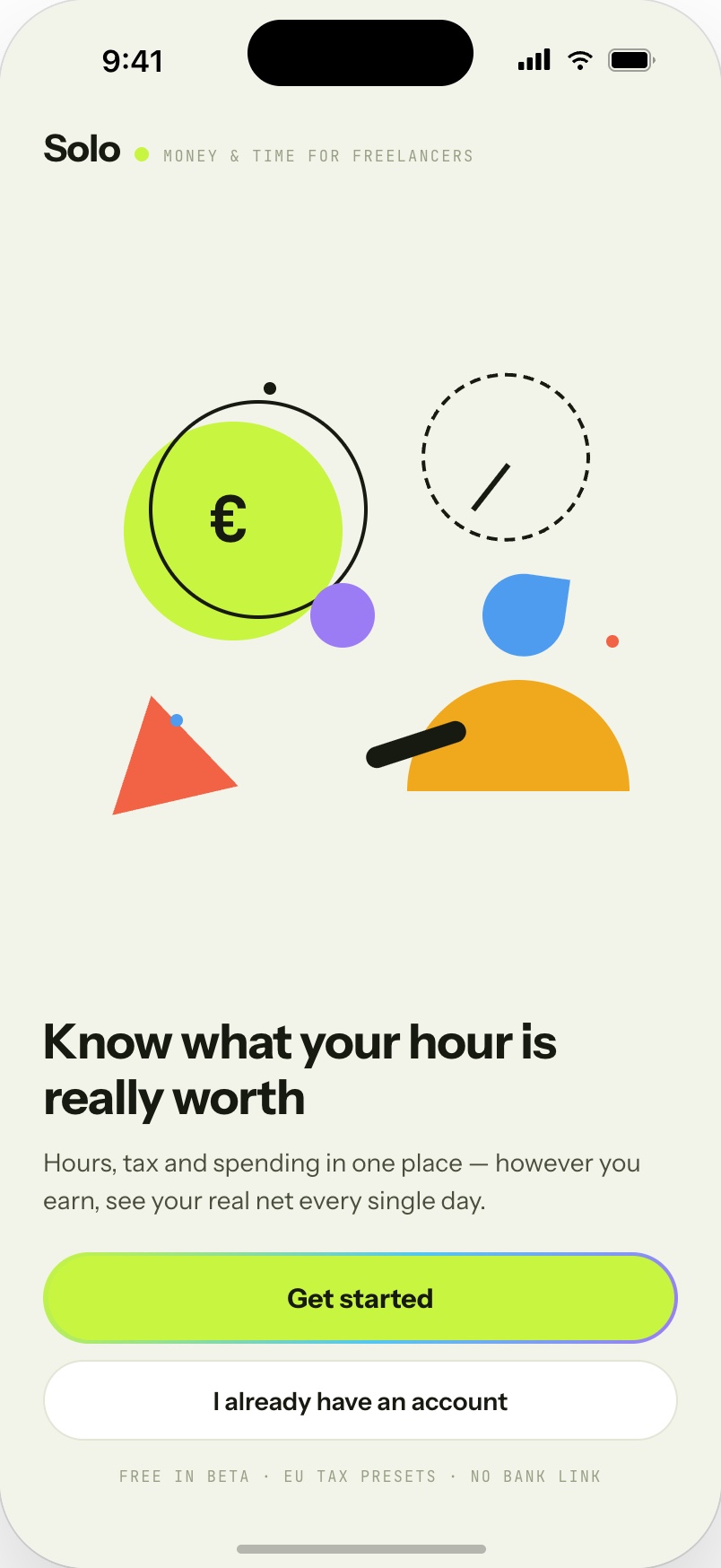 Solo onboarding screen: 'Know what your hour is really worth' headline over playful geometric shapes, with a Get started button