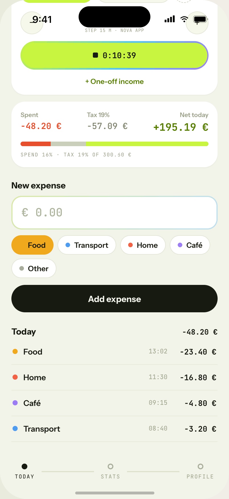 Solo Today screen: a running work timer, a net-today summary showing earned minus tax minus spent, quick expense entry with category chips, and today's expense list