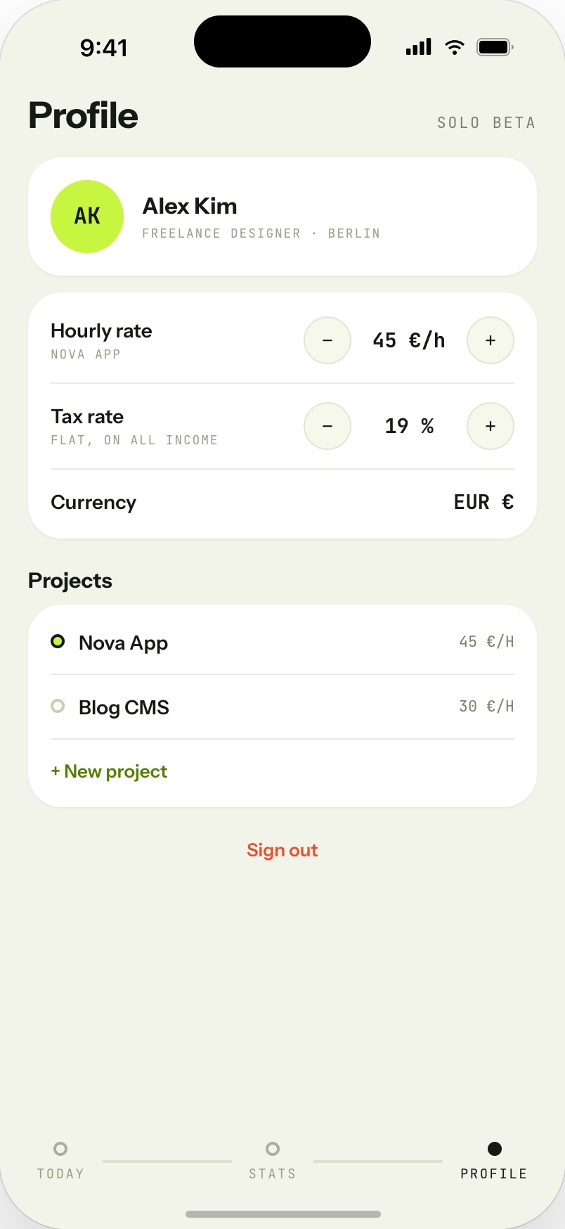 Solo profile screen: hourly rate and flat tax rate steppers, currency setting and a list of projects with per-project rates