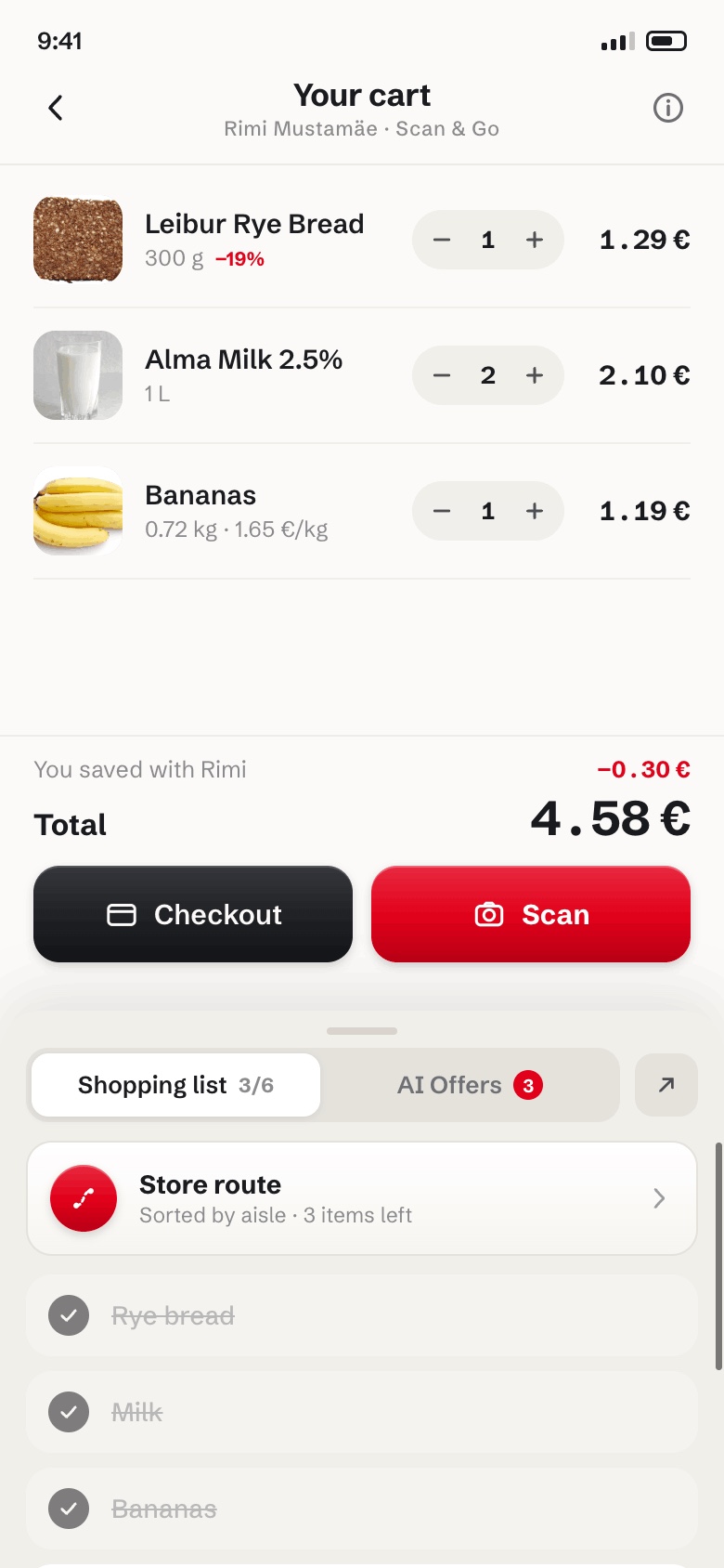 Rimi Scan & Go cart: three scanned items with running total and savings, Checkout and Scan buttons, and a pull-up sheet holding the shopping list, AI offers and store route