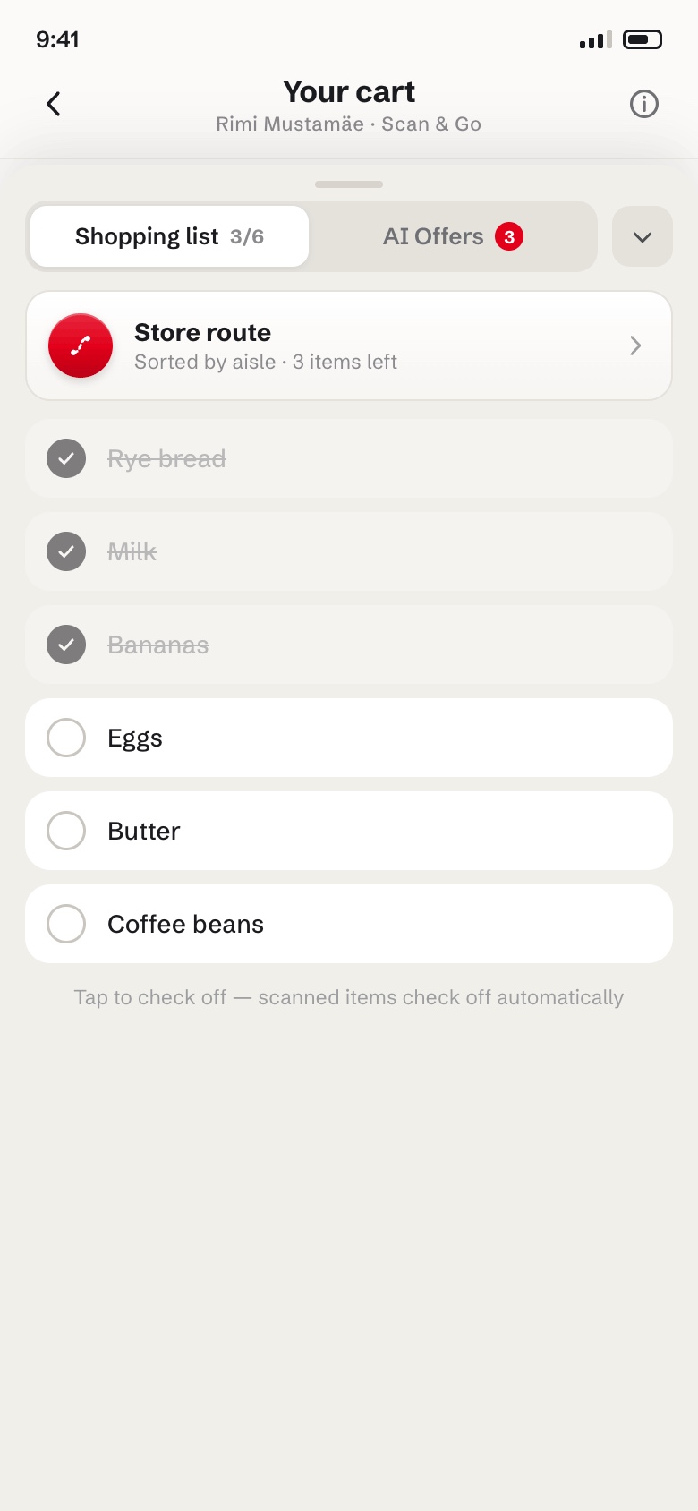 Shopping list expanded: checked-off scanned items struck through, remaining items to collect, and an entry to the store route