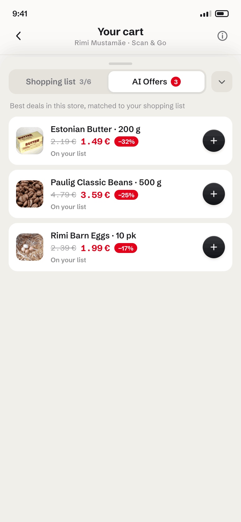AI Offers tab: best in-store deals matched to the shopping list, each with old price, discounted price and percentage off, plus an add button