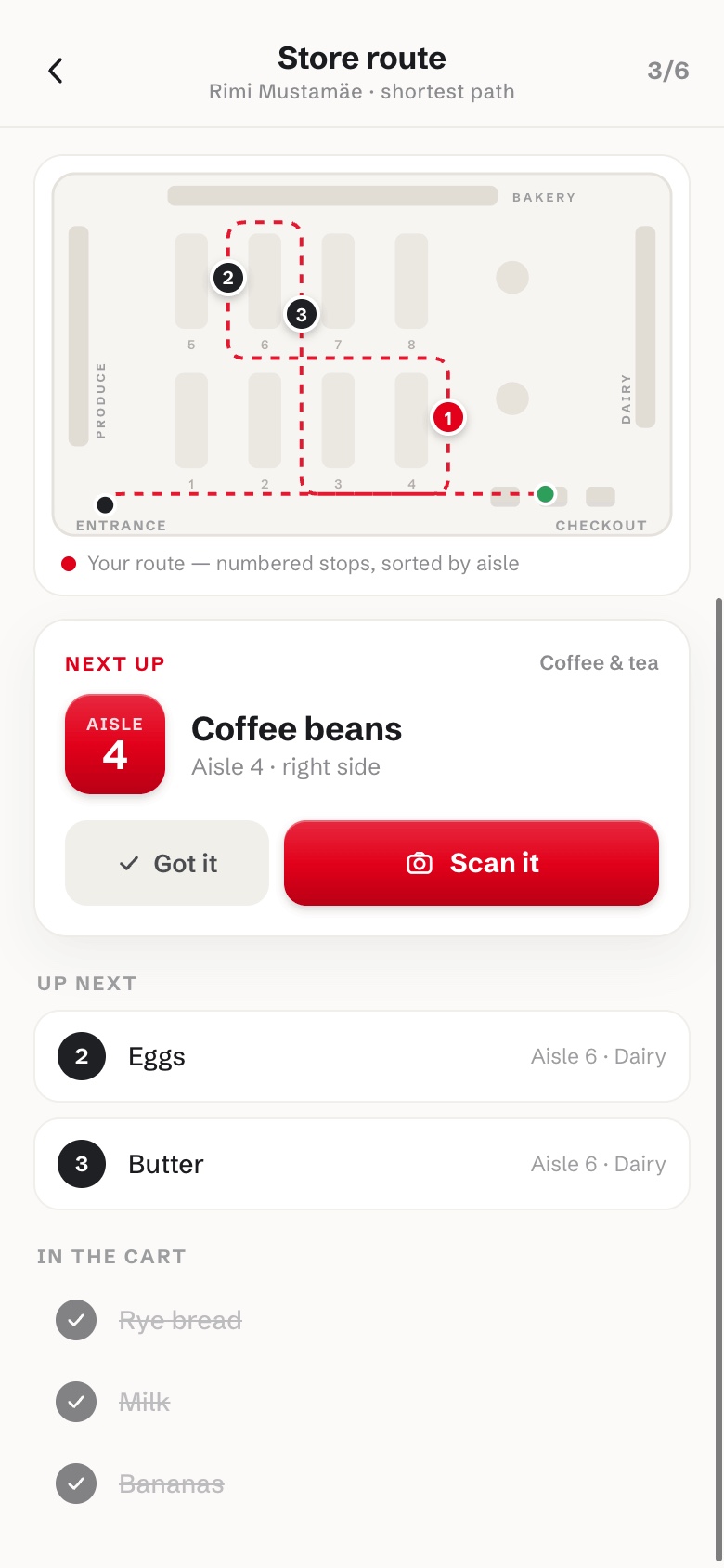 Store route screen: a floor map with a dashed path through numbered aisle stops from entrance to checkout, and a 'next up' aisle card