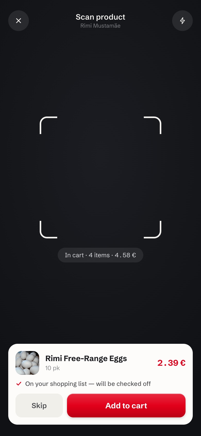Scan product screen: a camera viewfinder with a confirmation card showing a scanned item that is on the shopping list and will be checked off