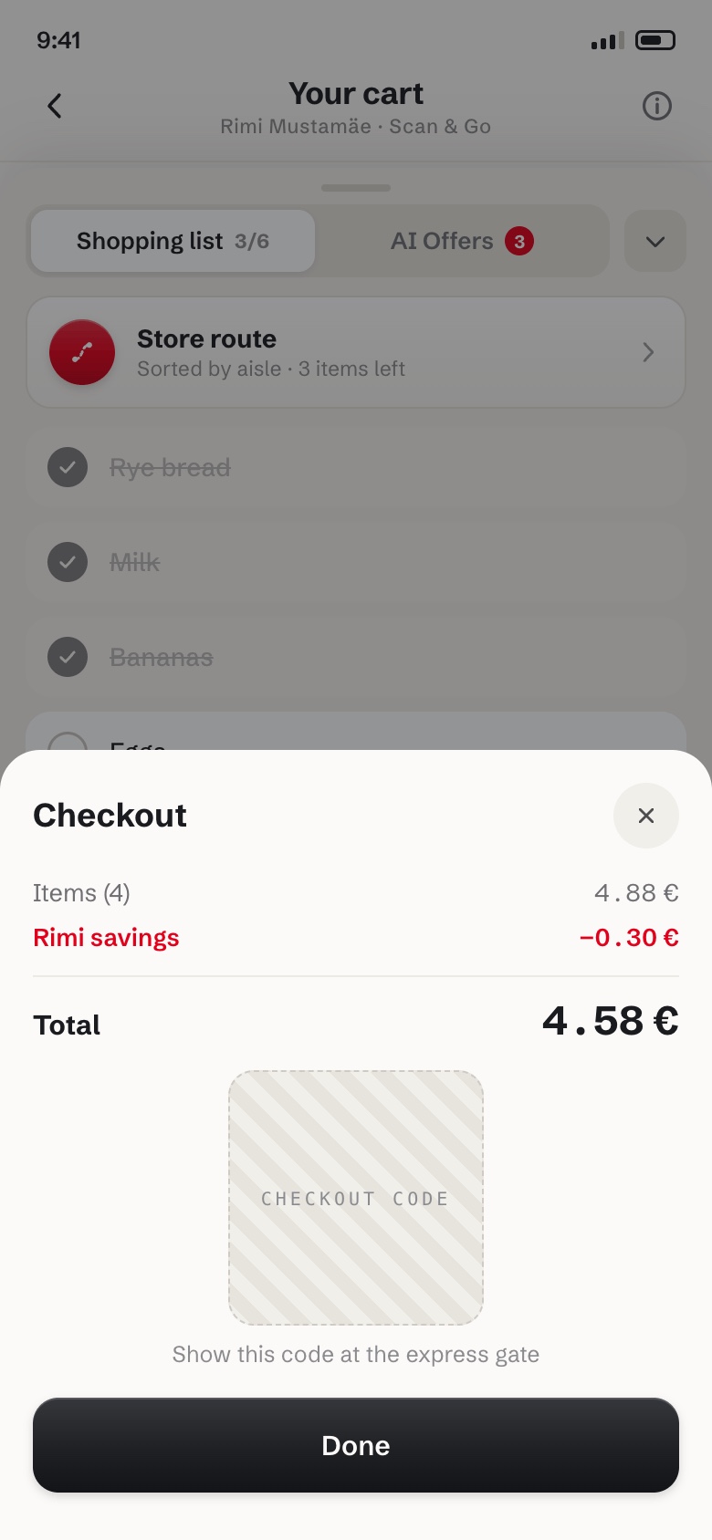 Checkout sheet: item count, Rimi savings, total, and a checkout code to show at the express gate